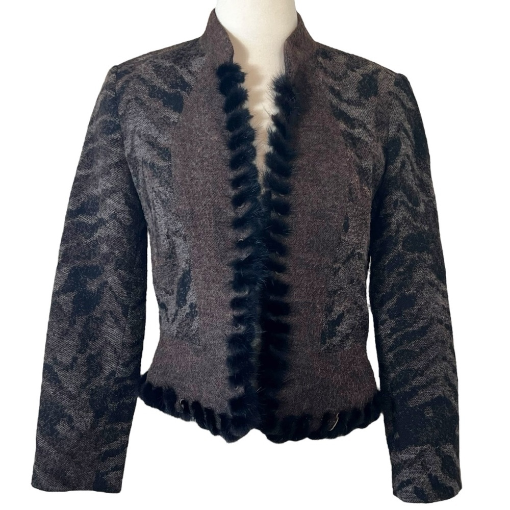 Alberto Makali Mink 100% Real Fur Trim Tweed Blazer Jacket